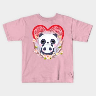 Mama Panda and baby with RED lace heart Kids T-Shirt